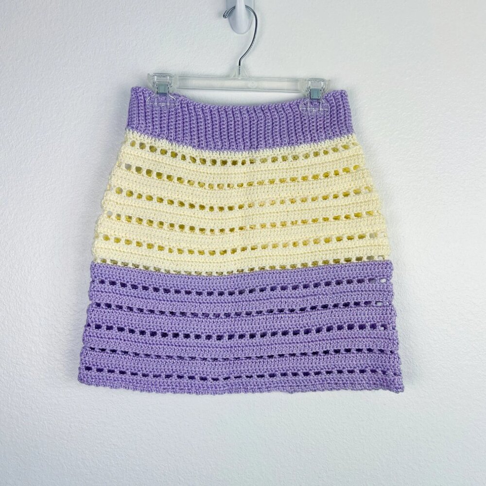 Hand Crafted Cream & Lilac Color Block Crochet Mini Skirt – Boho Handmade